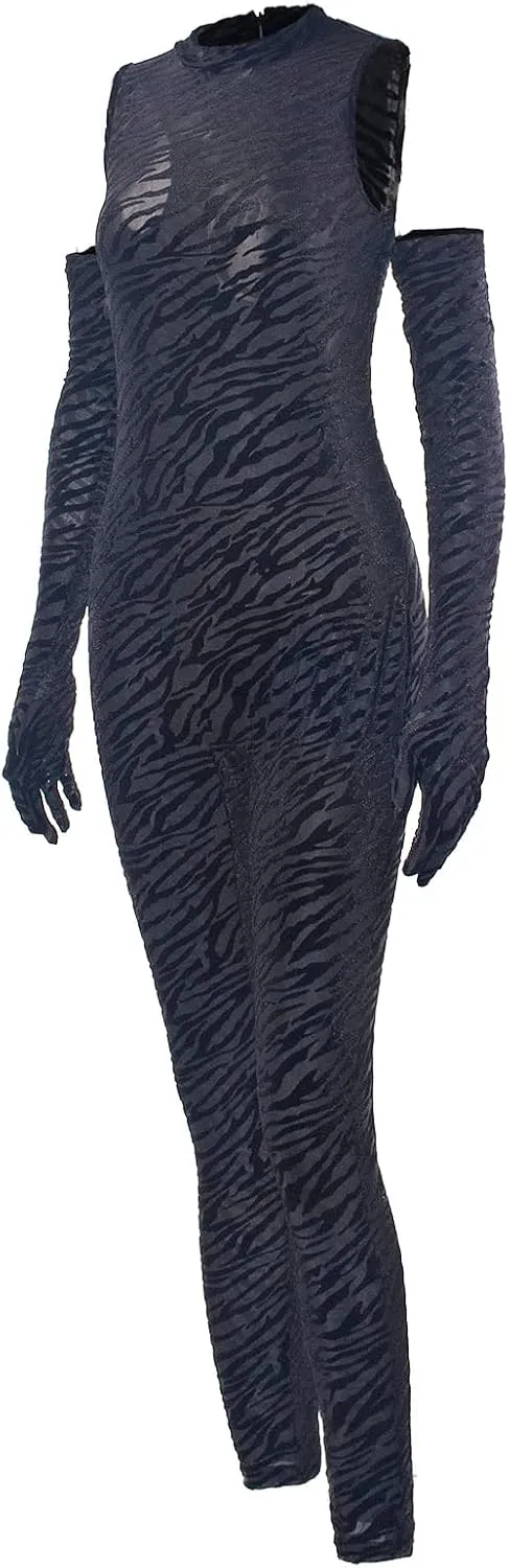sedmoda Women Sexy Bodycon Velvet Jumpsuit Sheer Mesh Patchwork One Piece Party Club Outfits with Gloves