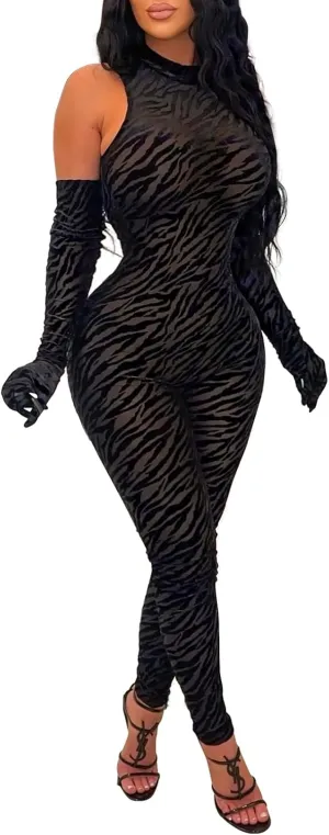 sedmoda Women Sexy Bodycon Velvet Jumpsuit Sheer Mesh Patchwork One Piece Party Club Outfits with Gloves