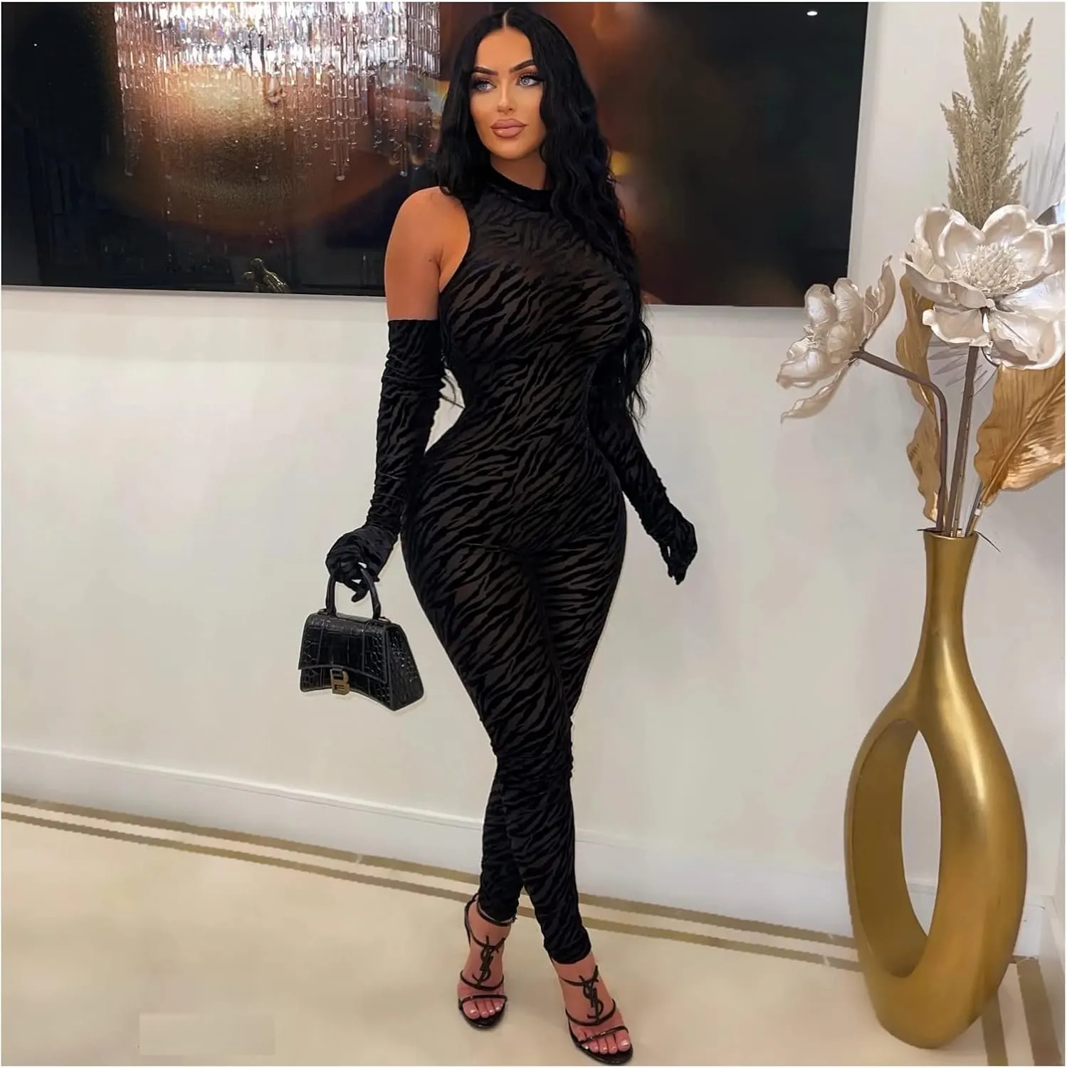 sedmoda Women Sexy Bodycon Velvet Jumpsuit Sheer Mesh Patchwork One Piece Party Club Outfits with Gloves