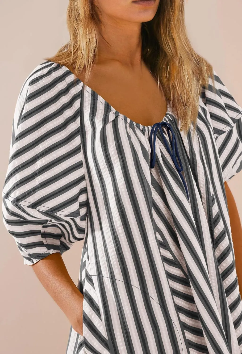 SENSERISE Womens Striped Romper Puff Sleeve Mini Shorts Romper Dress Beach Vacation Outfits with Pockets