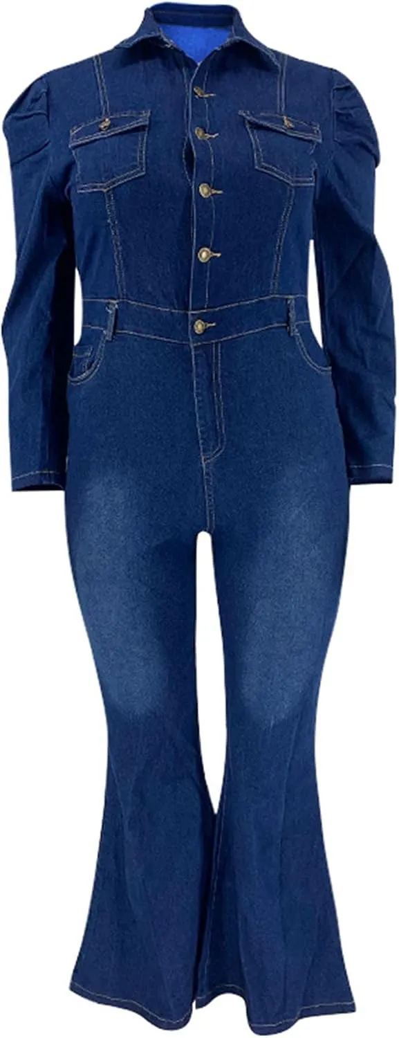 Sexyshine Women's Sexy Button Down Slim Fit Denim Long Jumpsuit Playsuit Lapel Full length Jeans Rompers Overalls