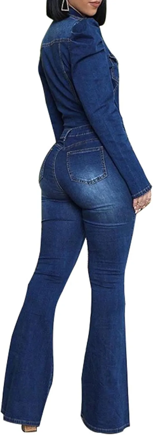 Sexyshine Women's Sexy Button Down Slim Fit Denim Long Jumpsuit Playsuit Lapel Full length Jeans Rompers Overalls