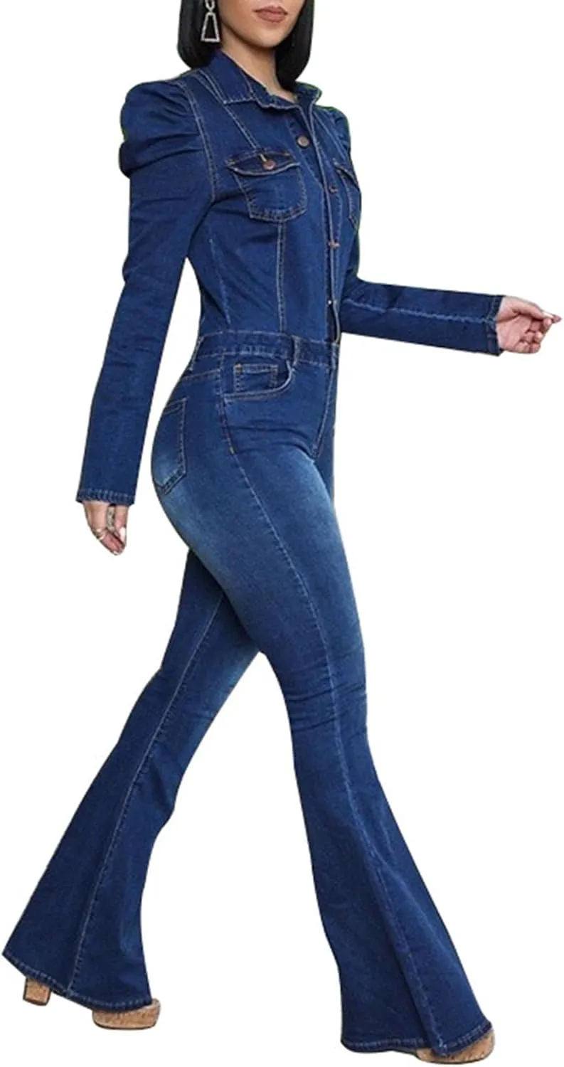 Sexyshine Women's Sexy Button Down Slim Fit Denim Long Jumpsuit Playsuit Lapel Full length Jeans Rompers Overalls