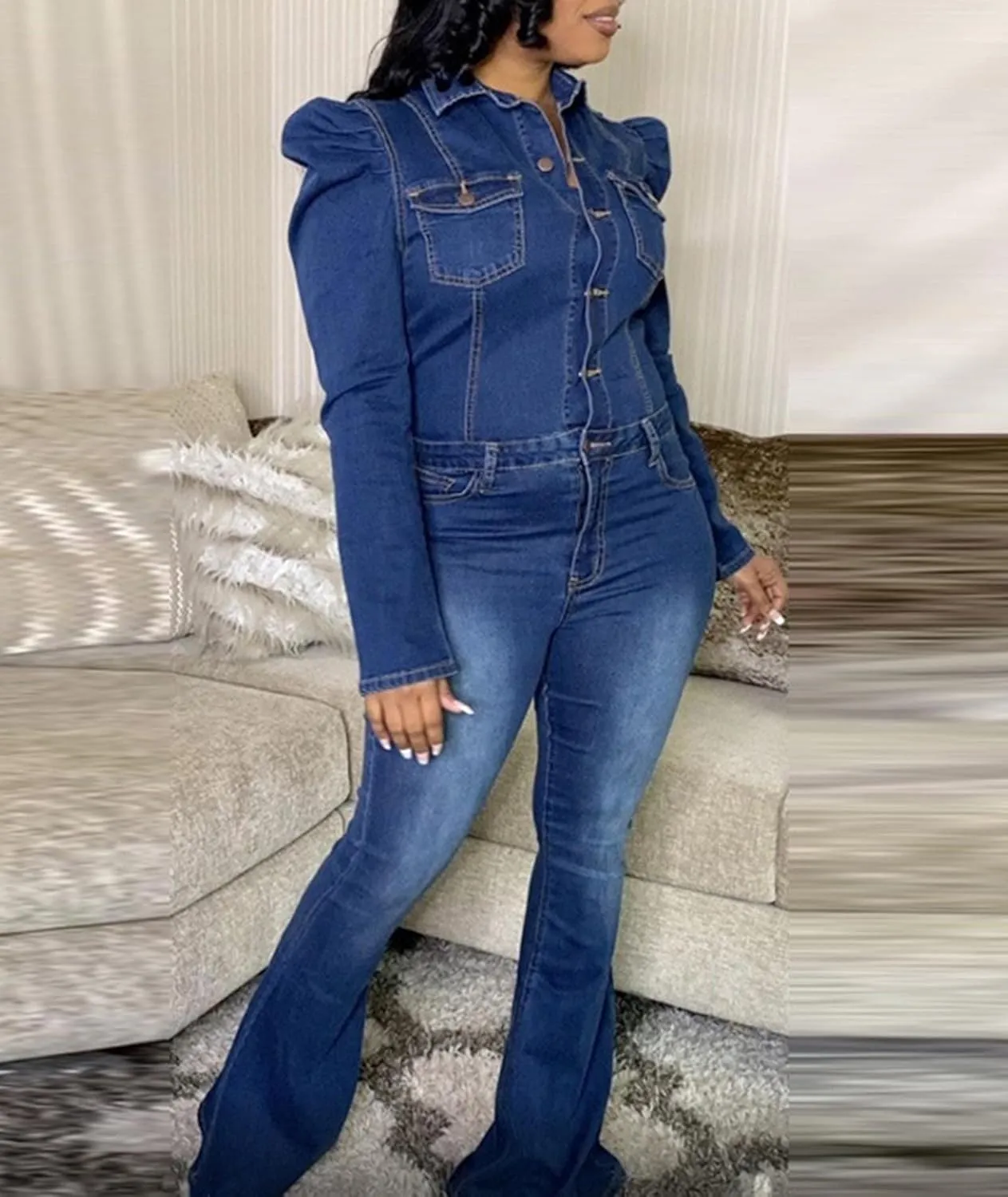 Sexyshine Women's Sexy Button Down Slim Fit Denim Long Jumpsuit Playsuit Lapel Full length Jeans Rompers Overalls
