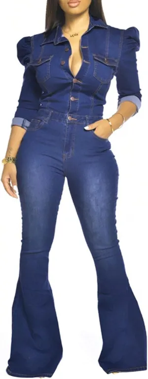 Sexyshine Women's Sexy Button Down Slim Fit Denim Long Jumpsuit Playsuit Lapel Full length Jeans Rompers Overalls