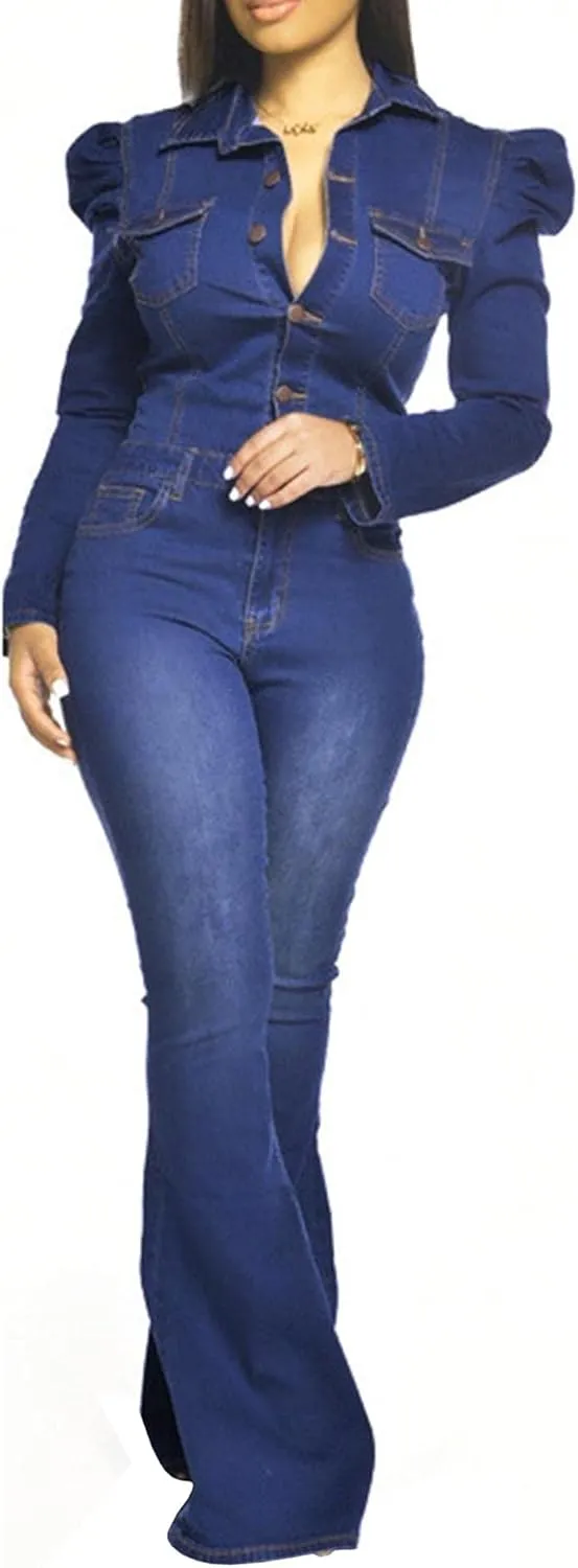 Sexyshine Women's Sexy Button Down Slim Fit Denim Long Jumpsuit Playsuit Lapel Full length Jeans Rompers Overalls
