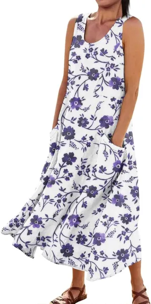 SGASY Summer Dresses for Women 2025 Sleeveless Casual Cotton Linen Sundress Plus Size Maxi Tank Beach Dress with Pocket