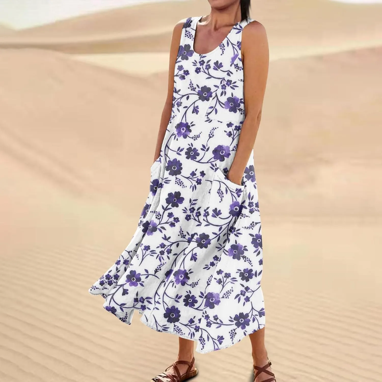 SGASY Summer Dresses for Women 2025 Sleeveless Casual Cotton Linen Sundress Plus Size Maxi Tank Beach Dress with Pocket