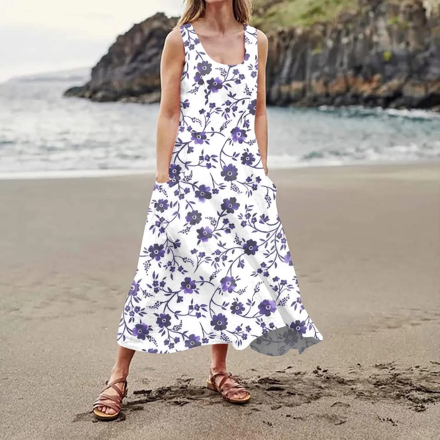 SGASY Summer Dresses for Women 2025 Sleeveless Casual Cotton Linen Sundress Plus Size Maxi Tank Beach Dress with Pocket