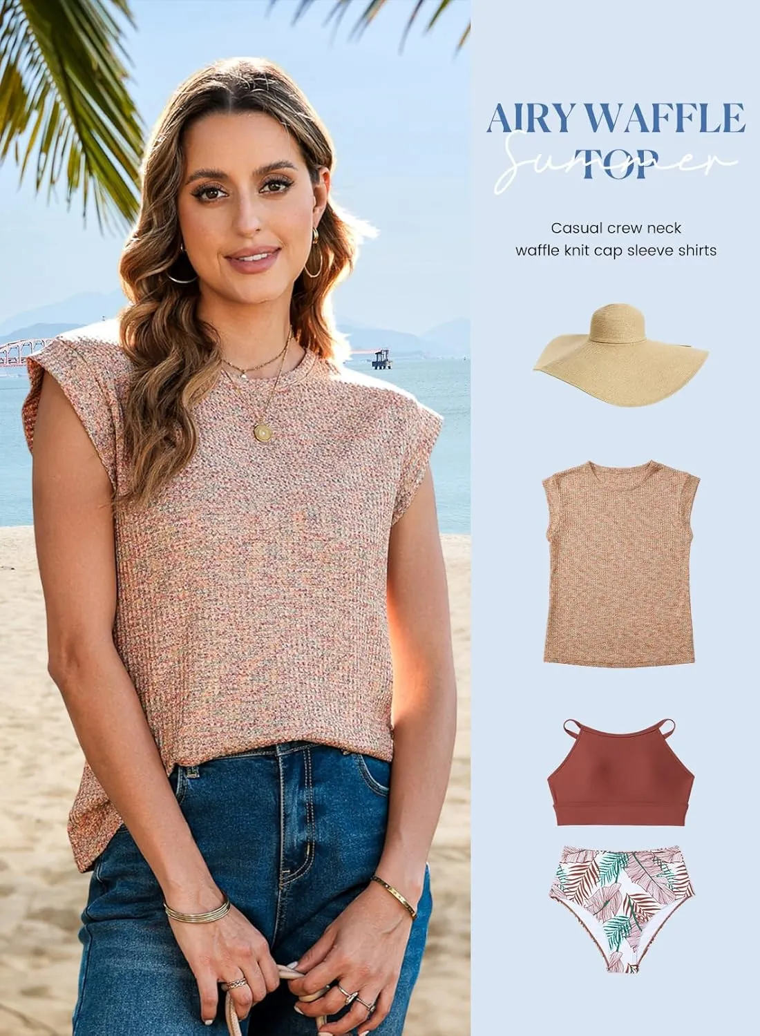 SHEWIN Summer Tops for Women Casual Crew Neck Waffle Knit Cap Sleeve Shirts Loose Fit Blouses Top