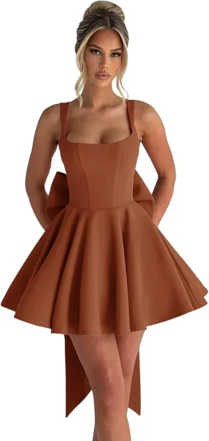 Short Satin Homecoming Dresses with Bow A Line Corset Open Back Mini Cocktail Party Gown