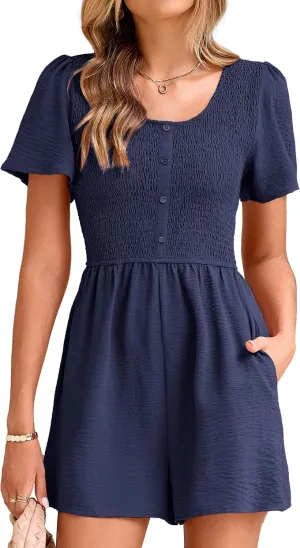 Simplee Womens Summer Short Sleeve Romper Casual Loose Decorative Button Smocked Dressy Shorts Jumper Jumpsuit 2025
