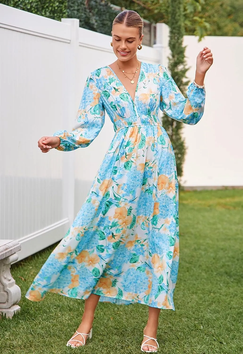 Sissyaki Women's Long Sleeve Boho Floral Maxi Dress Smocked Beach Flowy Dress