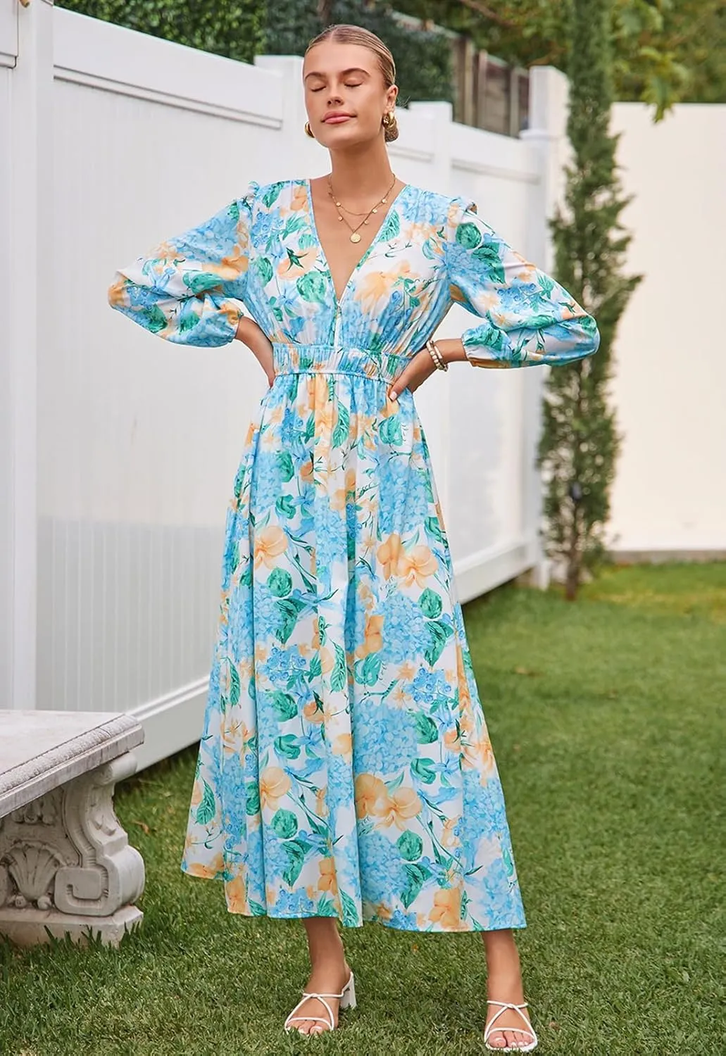 Sissyaki Women's Long Sleeve Boho Floral Maxi Dress Smocked Beach Flowy Dress