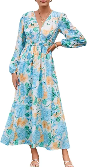 Sissyaki Women's Long Sleeve Boho Floral Maxi Dress Smocked Beach Flowy Dress
