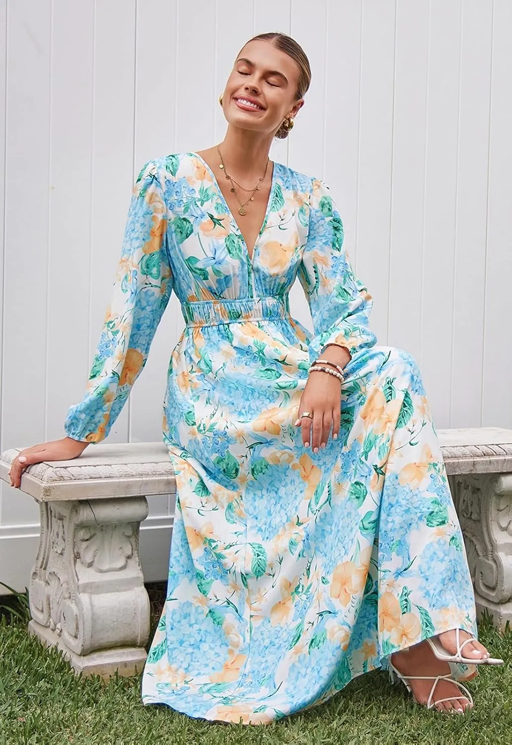 Sissyaki Women's Long Sleeve Boho Floral Maxi Dress Smocked Beach Flowy Dress