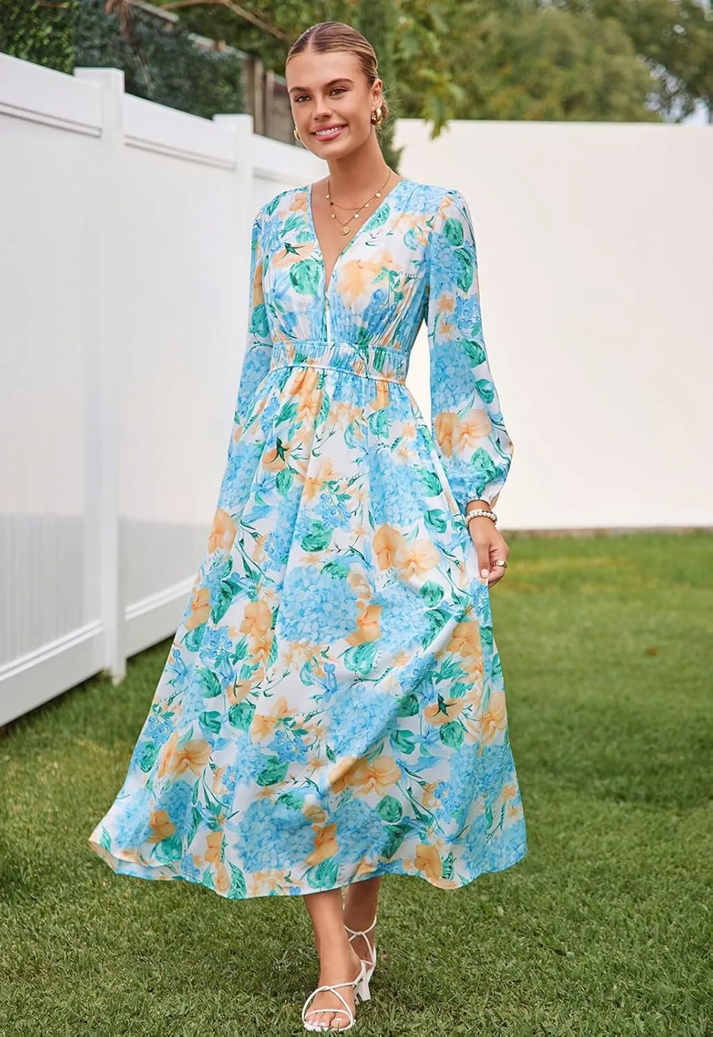 Sissyaki Women's Long Sleeve Boho Floral Maxi Dress Smocked Beach Flowy Dress