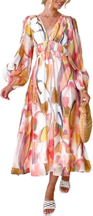 Sissyaki Women's Long Sleeve Boho Floral Maxi Dress