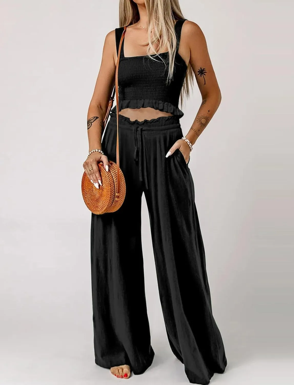 Sleeveless jumpsuit jumpers rompers for women 2024 BOHO outfit stretch wide leg