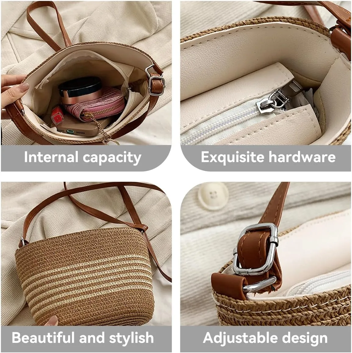 Small Straw Shoulder Bag, Women Woven Crossbody Bucket Bag for Summer Beach