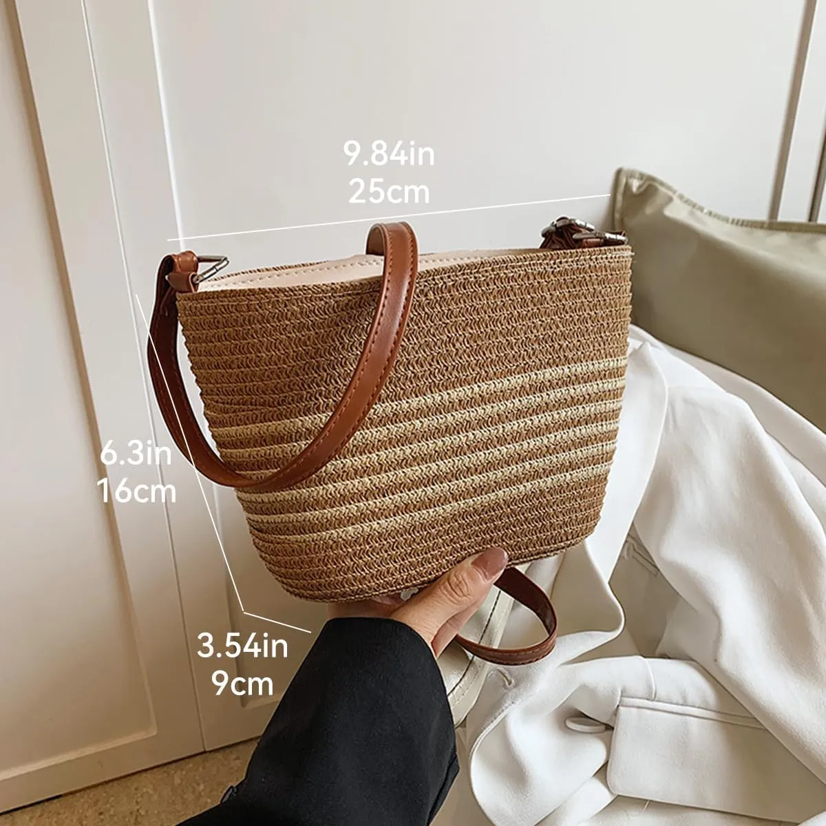 Small Straw Shoulder Bag, Women Woven Crossbody Bucket Bag for Summer Beach