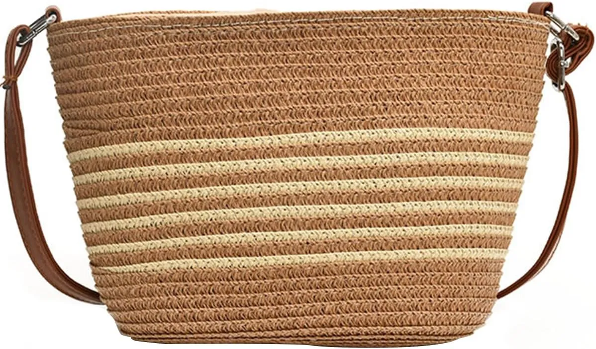Small Straw Shoulder Bag, Women Woven Crossbody Bucket Bag for Summer Beach