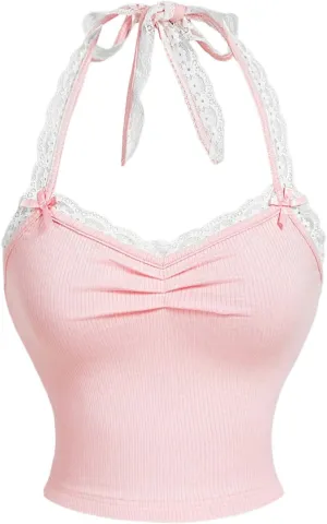 SOLY HUX Women's Lace Trim Halter Top Ruched Tie Backless Tight Fitted Crop Camisole Coquette Tops