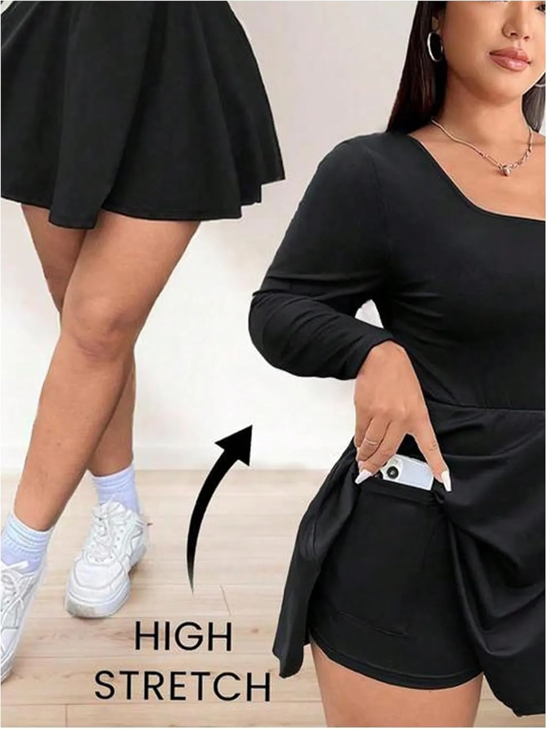 SOLY HUX Women's Plus Size Romper Square Neck Long Sleeve A Line Ruffled Hem Workout Short Jumpsuit
