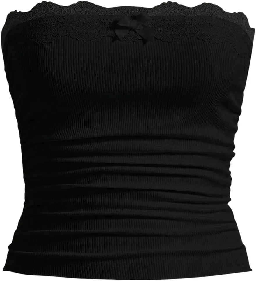 SOLY HUX Women's Plus Size Y2k Lace Tube Top Strapless Sleeveless Ruched Bandeau Crop Tops