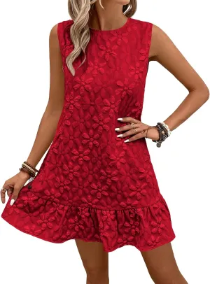 SOLY HUX Women's Ruffle Hem Sleeveless Tank Dress Round Neck Casual Jacquard Hem Smock Summer Mini Dresses