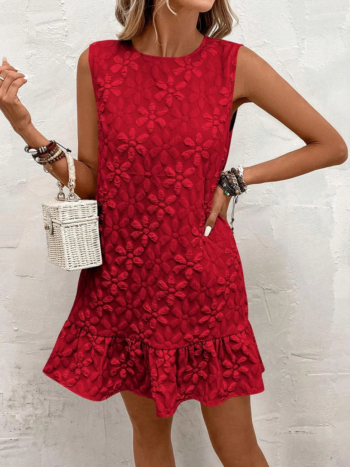 SOLY HUX Women's Ruffle Hem Sleeveless Tank Dress Round Neck Casual Jacquard Hem Smock Summer Mini Dresses