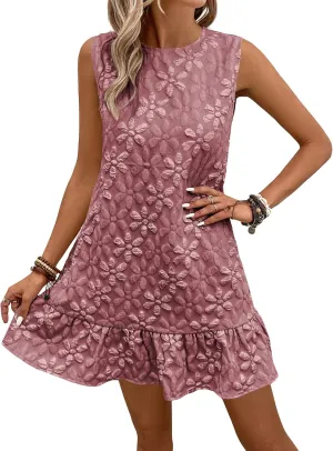 SOLY HUX Women's Ruffle Hem Sleeveless Tank Dress Round Neck Casual Jacquard Hem Smock Summer Mini Dresses