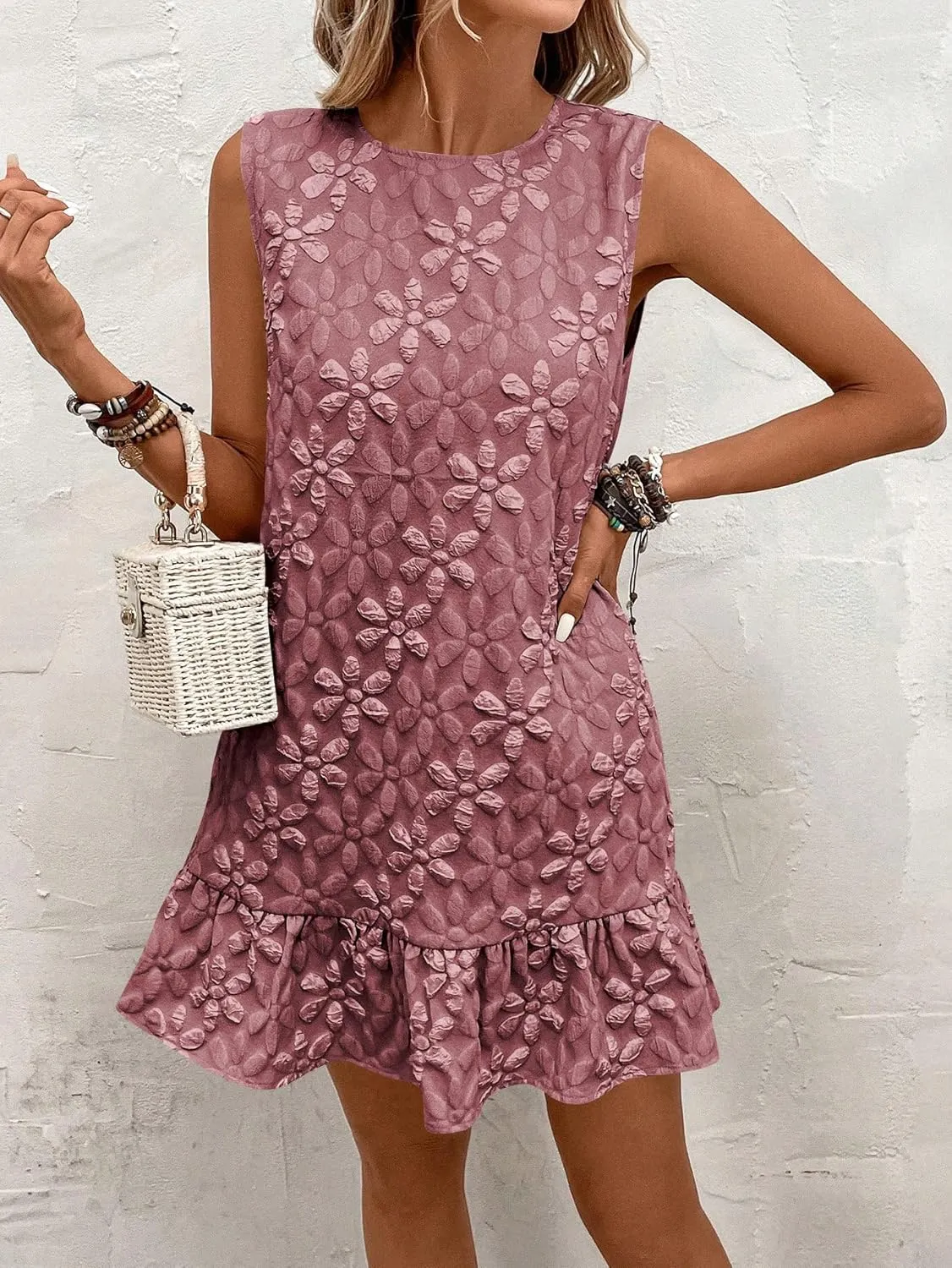 SOLY HUX Women's Ruffle Hem Sleeveless Tank Dress Round Neck Casual Jacquard Hem Smock Summer Mini Dresses