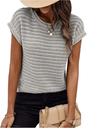 SOLY HUX Women's Summer Cap Sleeve Knit Sweater Tops Casual Crewneck Crochet Pullover Tank Top