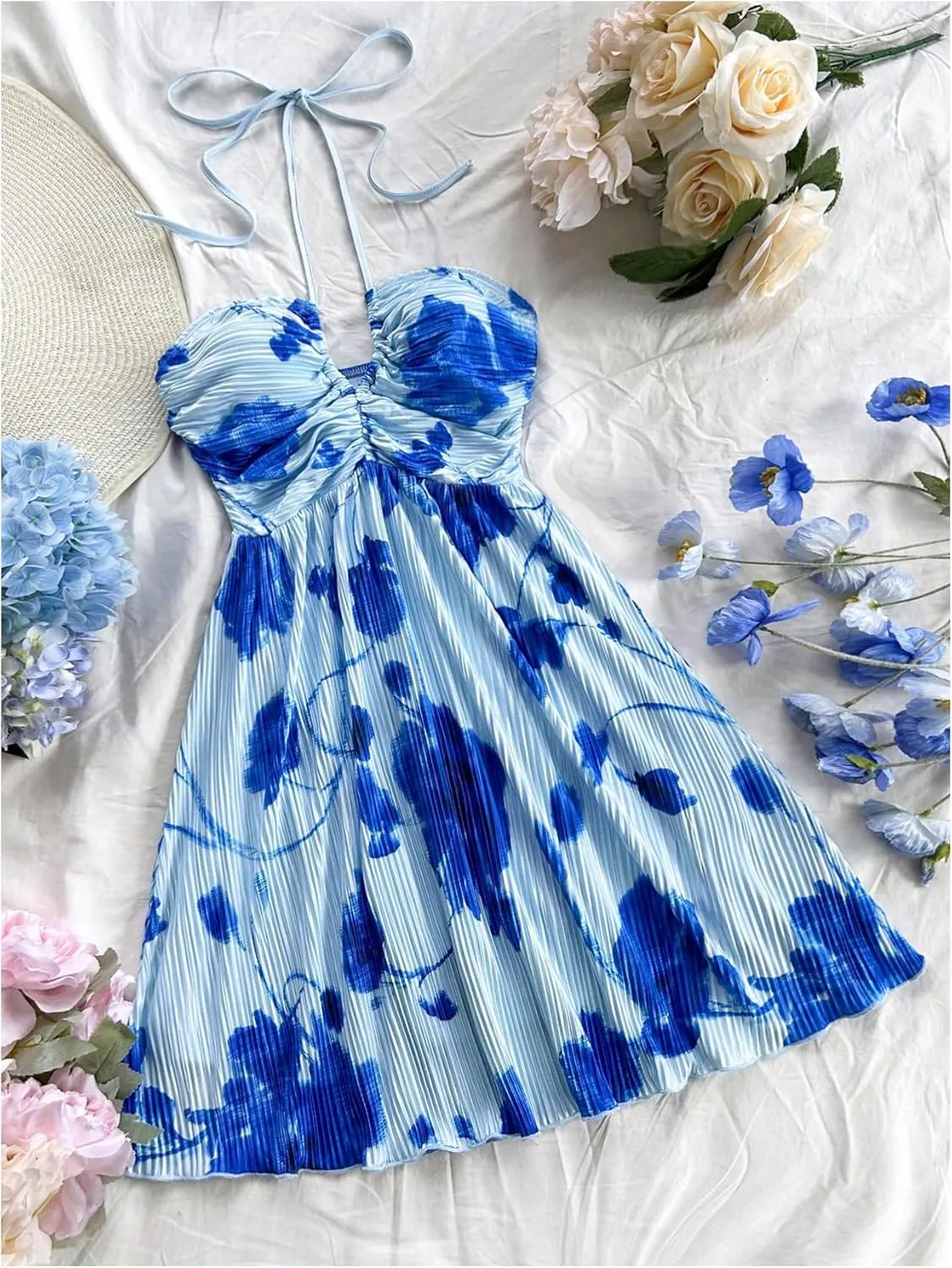 SOLY HUX Women's Tie Dye Cami Dress Halter Backless Sleeveless A Line Short Summer Dresses Sundress