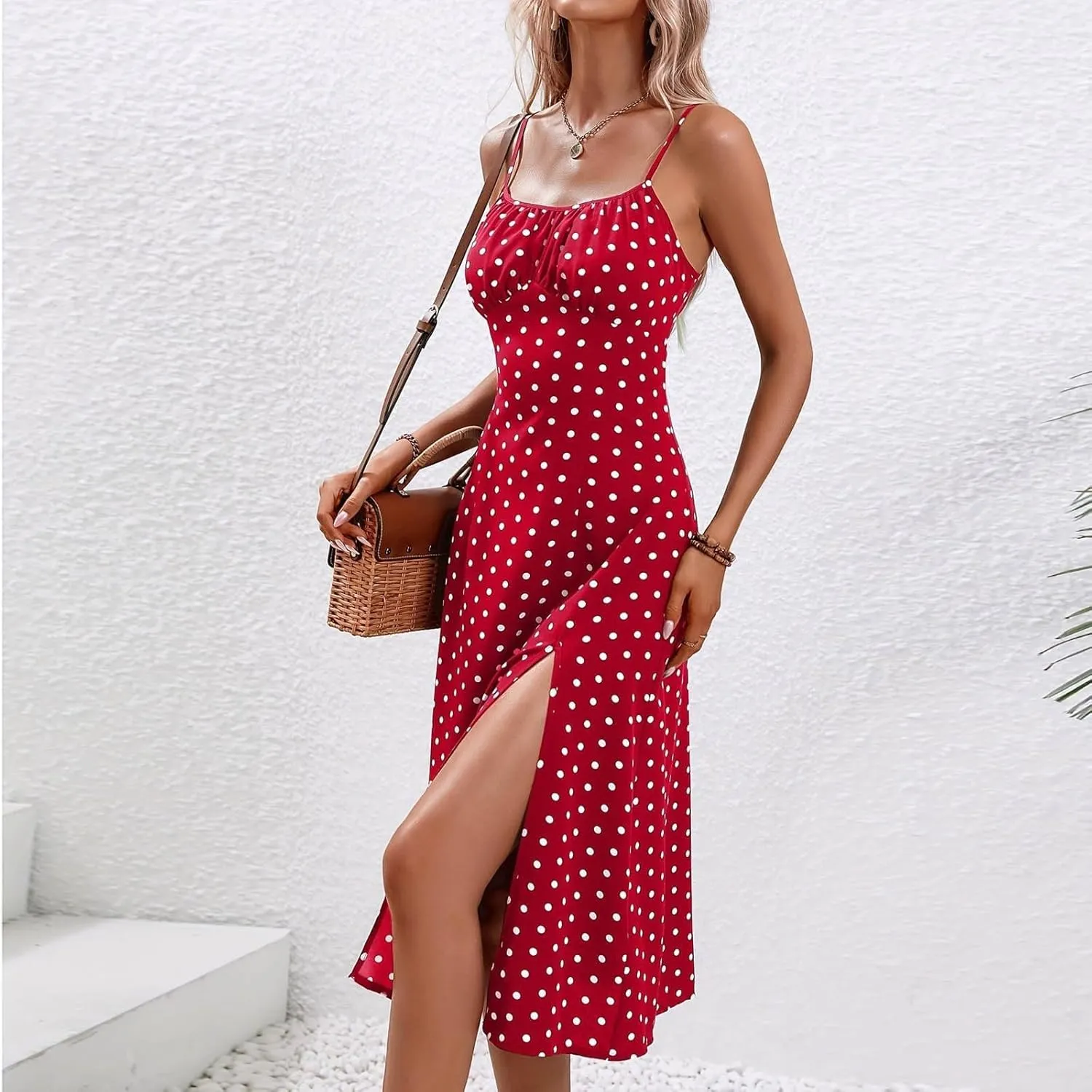 Spaghetti Strap Midi Dresses for Women Sexy Elegant Side Slit Prom Dresses Summer Slim Fit Sexy A Line Beach Dress