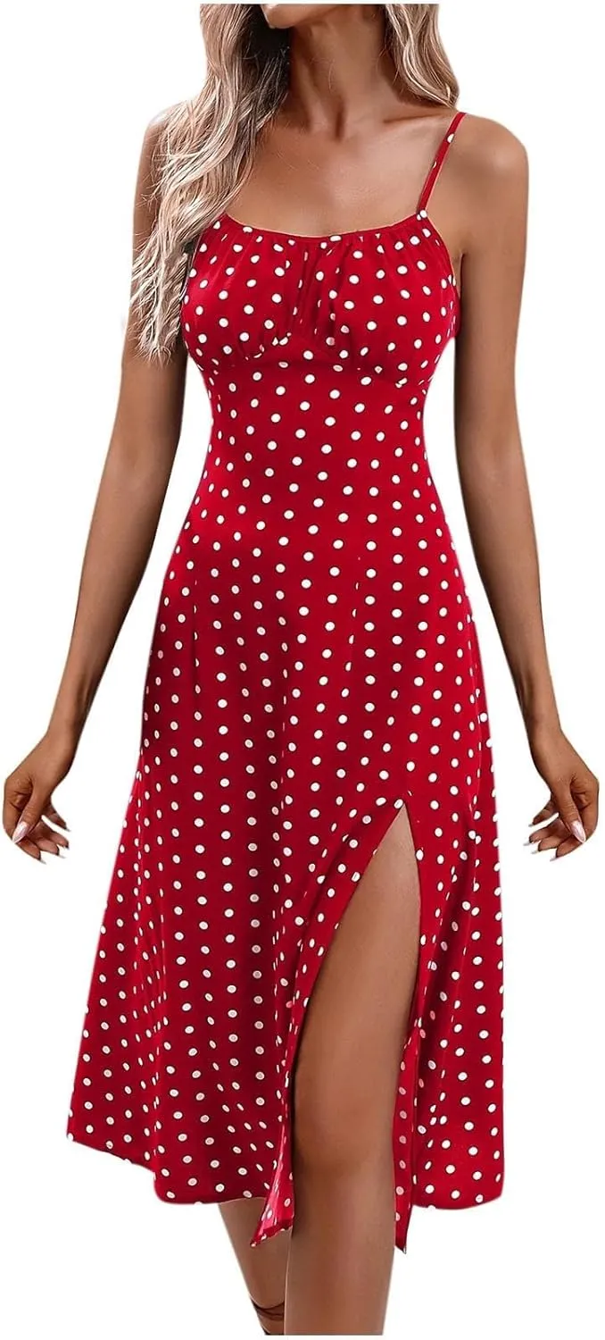 Spaghetti Strap Midi Dresses for Women Sexy Elegant Side Slit Prom Dresses Summer Slim Fit Sexy A Line Beach Dress