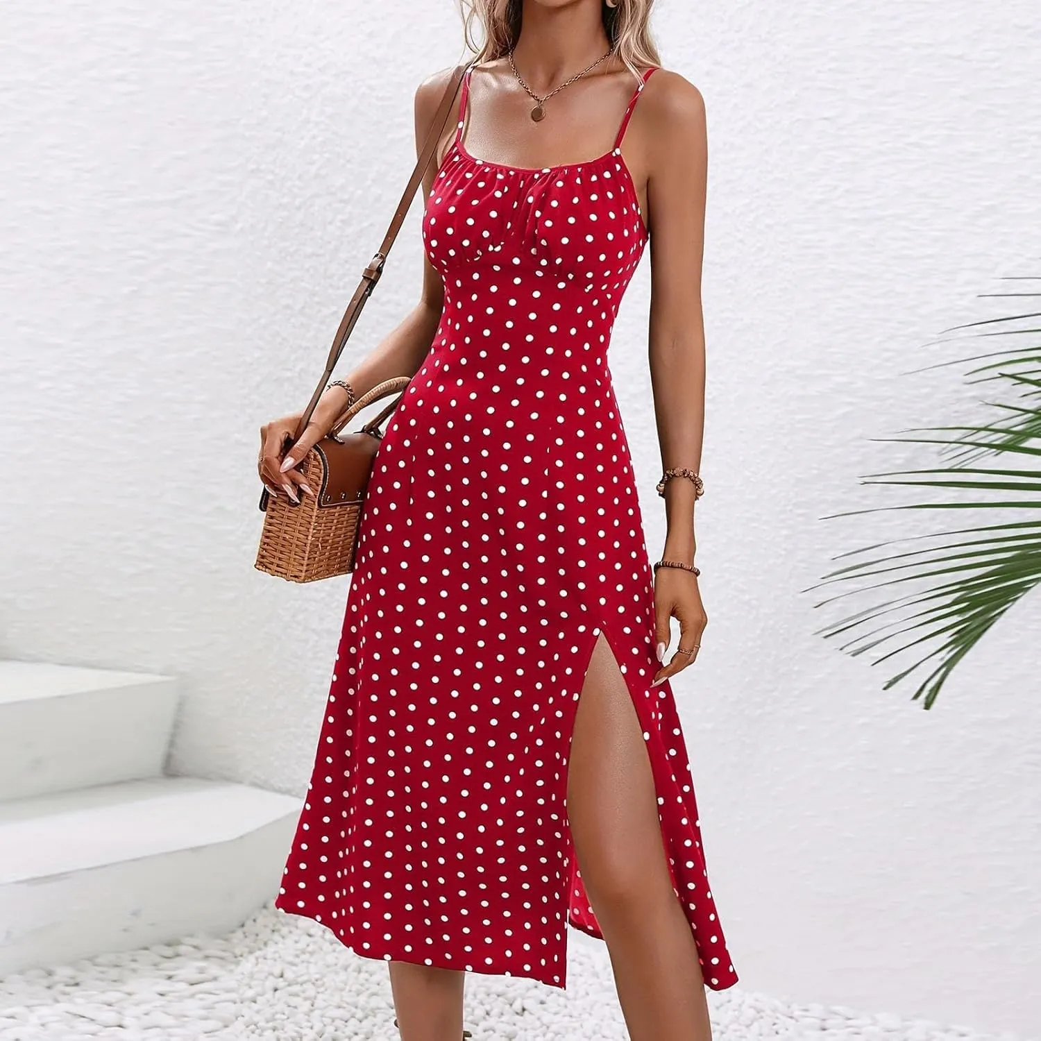 Spaghetti Strap Midi Dresses for Women Sexy Elegant Side Slit Prom Dresses Summer Slim Fit Sexy A Line Beach Dress