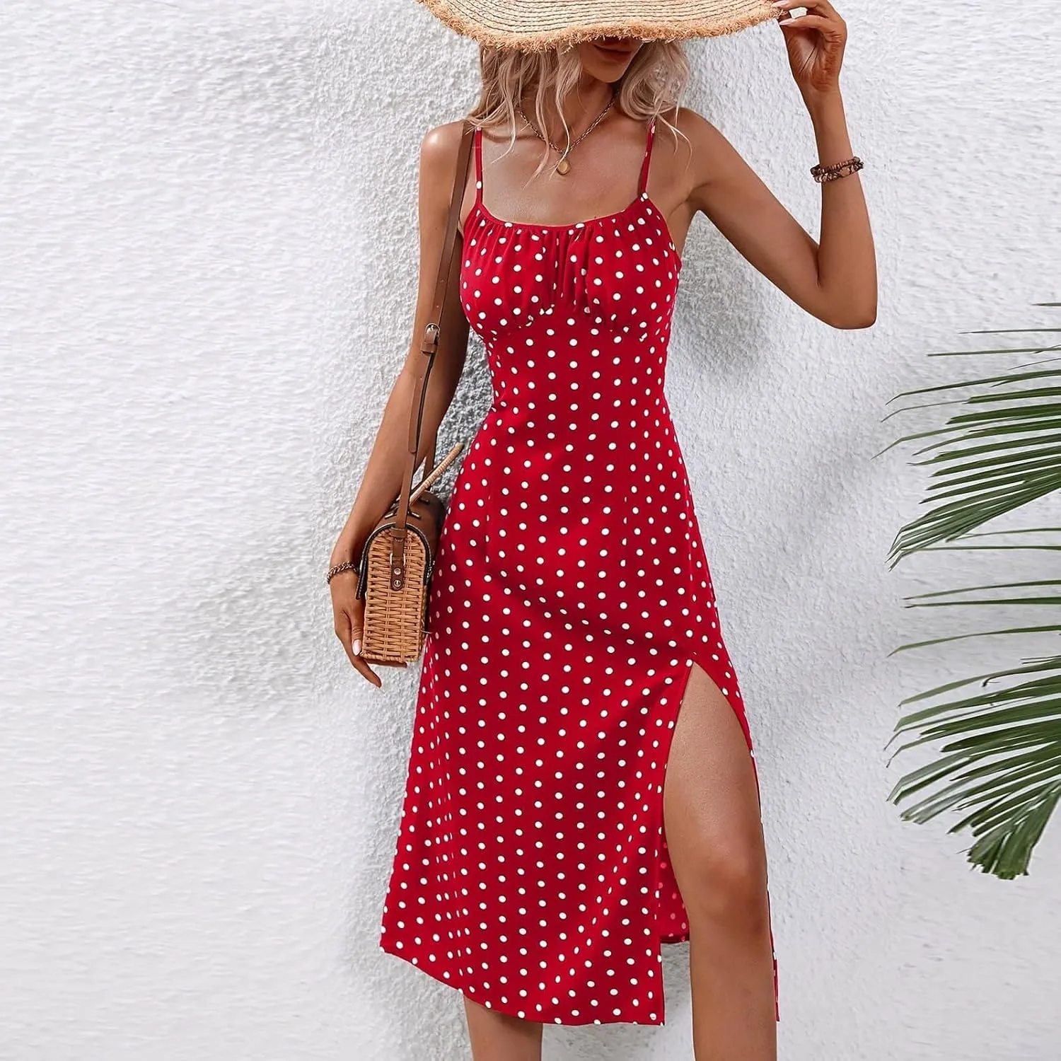 Spaghetti Strap Midi Dresses for Women Sexy Elegant Side Slit Prom Dresses Summer Slim Fit Sexy A Line Beach Dress