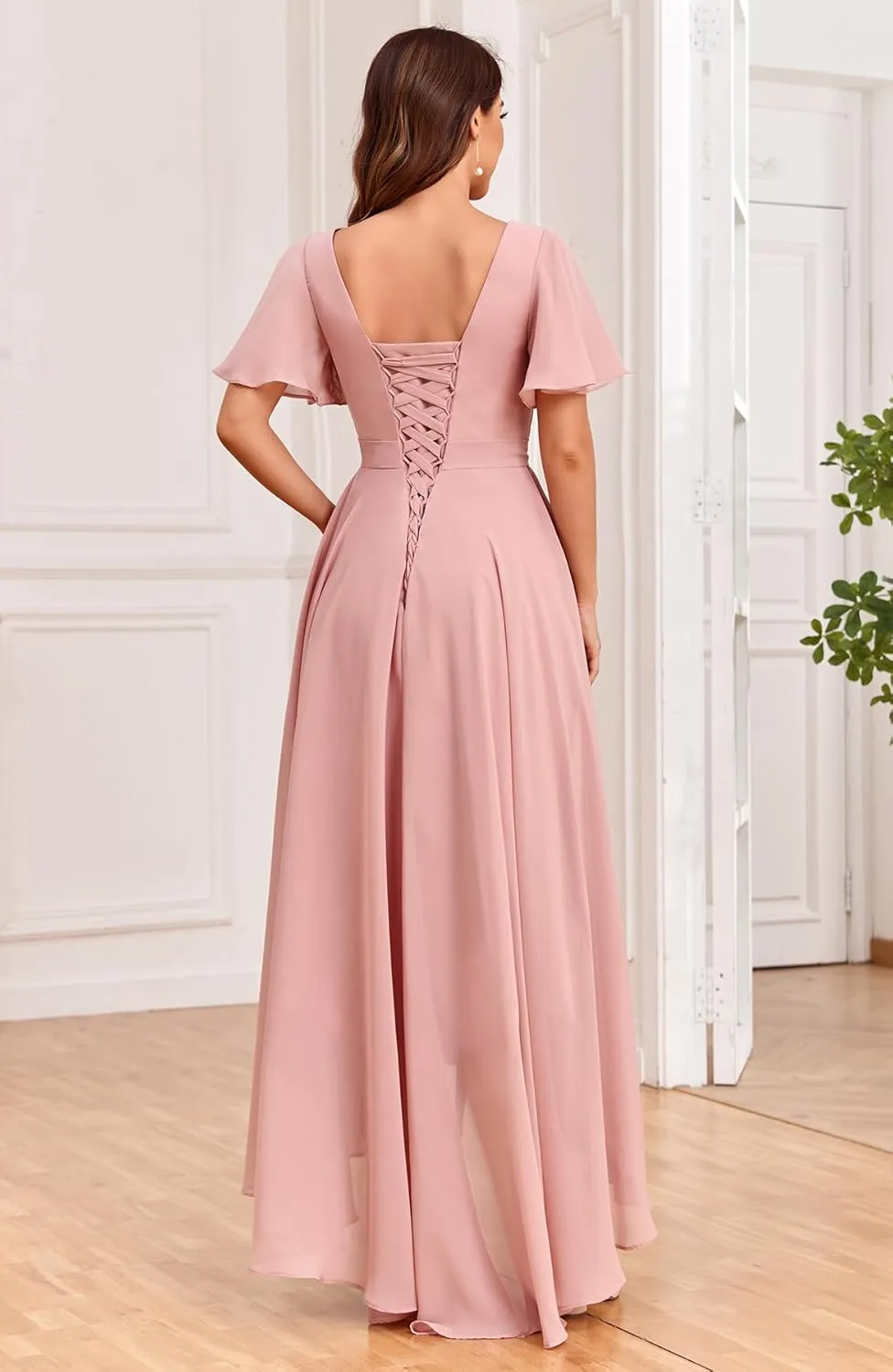 Sukleet Women's Flutter Sleeve Bridesmaid Dresses with Pockets High Low Formal Dress