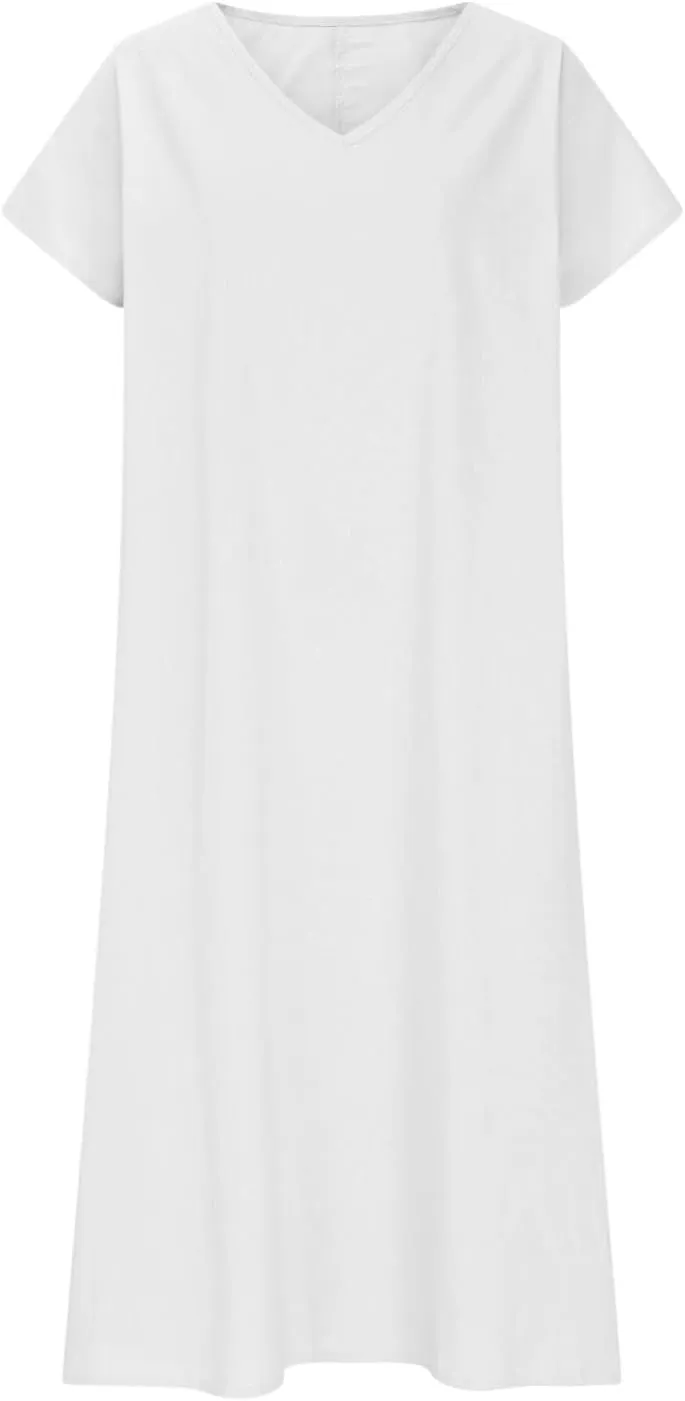 Summer Cotton Linen Dress Women Short Sleeve V Neck Shift A Line Maxi Dresses Comfy Flowy Swing Long Beach Dress