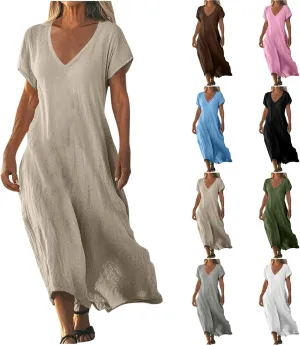 Summer Cotton Linen Dress Women Short Sleeve V Neck Shift A Line Maxi Dresses Comfy Flowy Swing Long Beach Dress