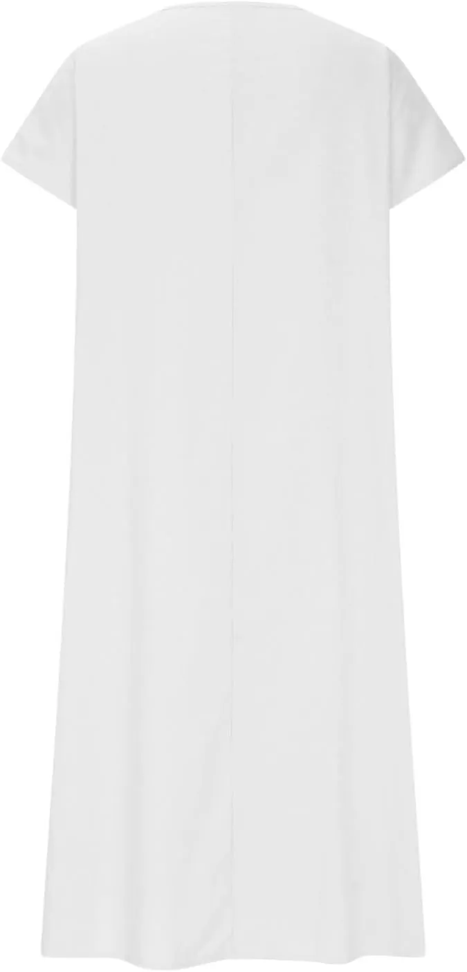 Summer Cotton Linen Dress Women Short Sleeve V Neck Shift A Line Maxi Dresses Comfy Flowy Swing Long Beach Dress