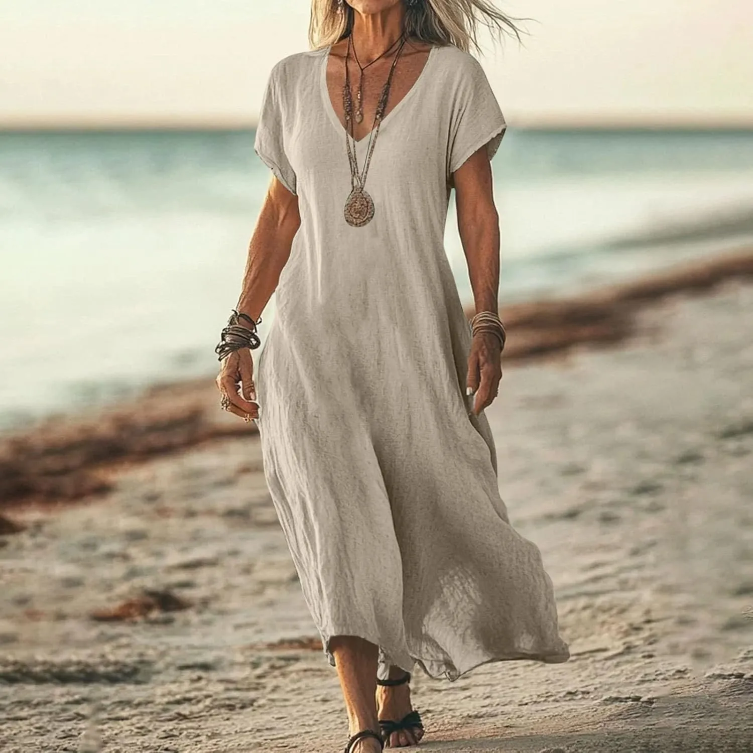 Summer Cotton Linen Dress Women Short Sleeve V Neck Shift A Line Maxi Dresses Comfy Flowy Swing Long Beach Dress