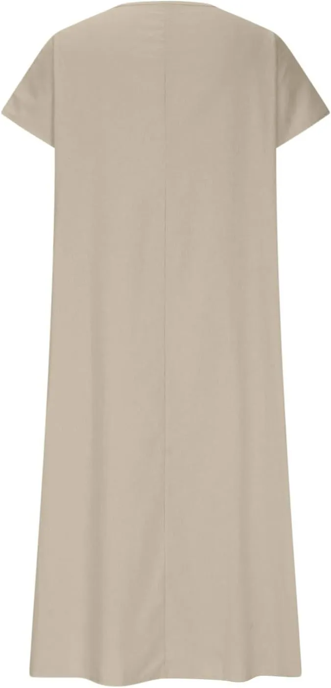 Summer Cotton Linen Dress Women Short Sleeve V Neck Shift A Line Maxi Dresses Comfy Flowy Swing Long Beach Dress