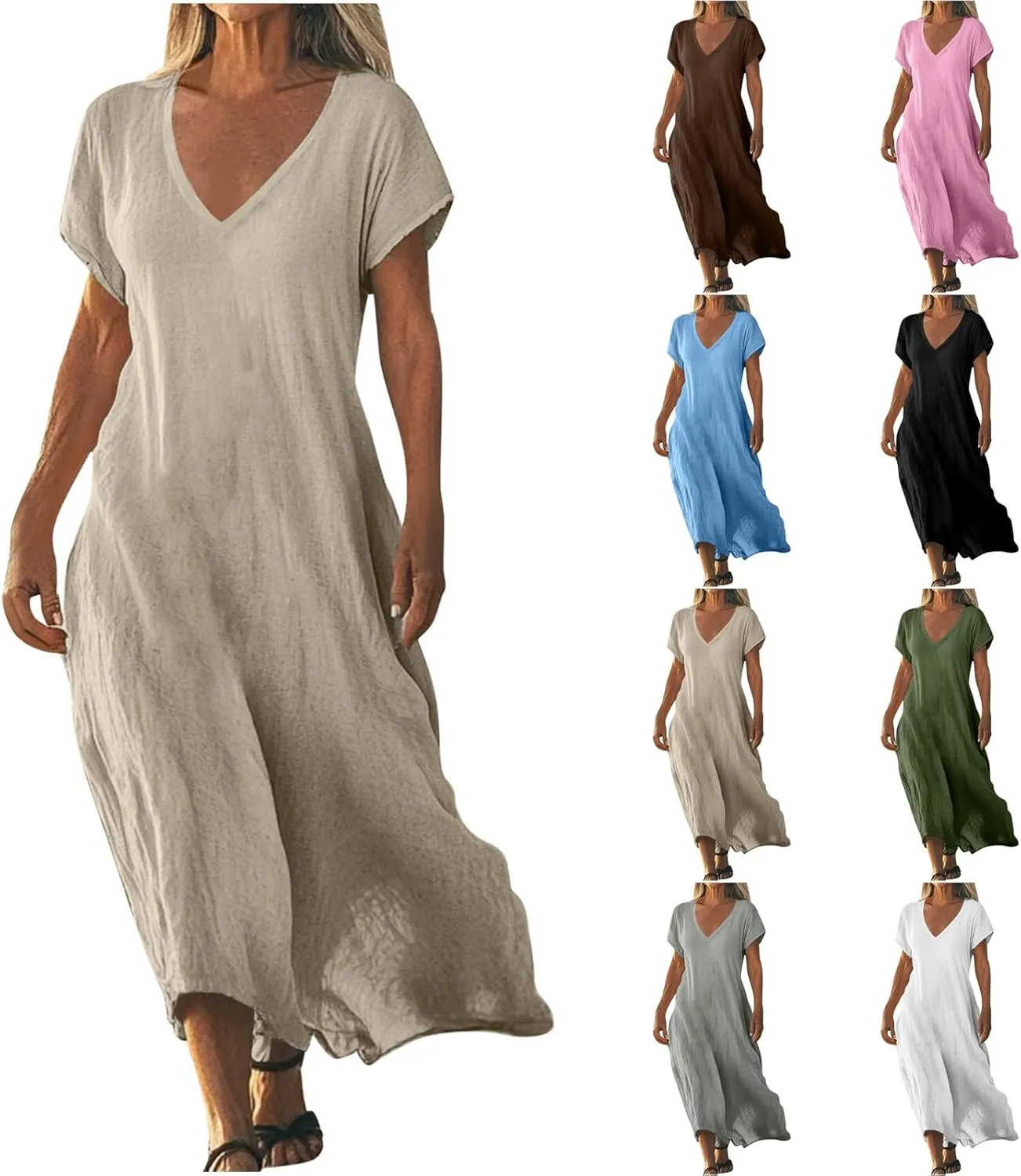 Summer Cotton Linen Dress Women Short Sleeve V Neck Shift A Line Maxi Dresses Comfy Flowy Swing Long Beach Dress