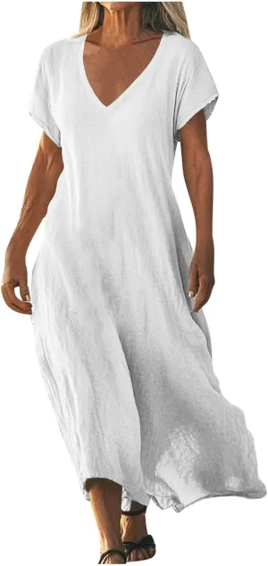 Summer Cotton Linen Dress Women Short Sleeve V Neck Shift A Line Maxi Dresses Comfy Flowy Swing Long Beach Dress