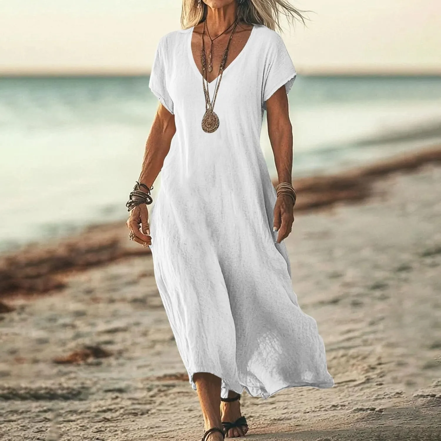 Summer Cotton Linen Dress Women Short Sleeve V Neck Shift A Line Maxi Dresses Comfy Flowy Swing Long Beach Dress