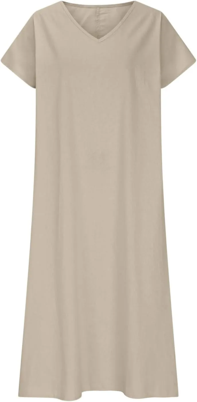 Summer Cotton Linen Dress Women Short Sleeve V Neck Shift A Line Maxi Dresses Comfy Flowy Swing Long Beach Dress