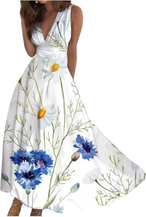 Summer Dresses for Women 2024 Deep V Neck Casual Cute Long Dress Elegant Floral Maxi Dresses Sexy Sleeveless Swing Dress
